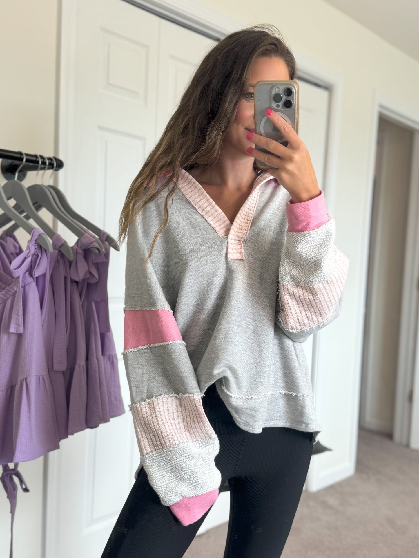 Cecilia French Terry Pullover - Grey/Pink